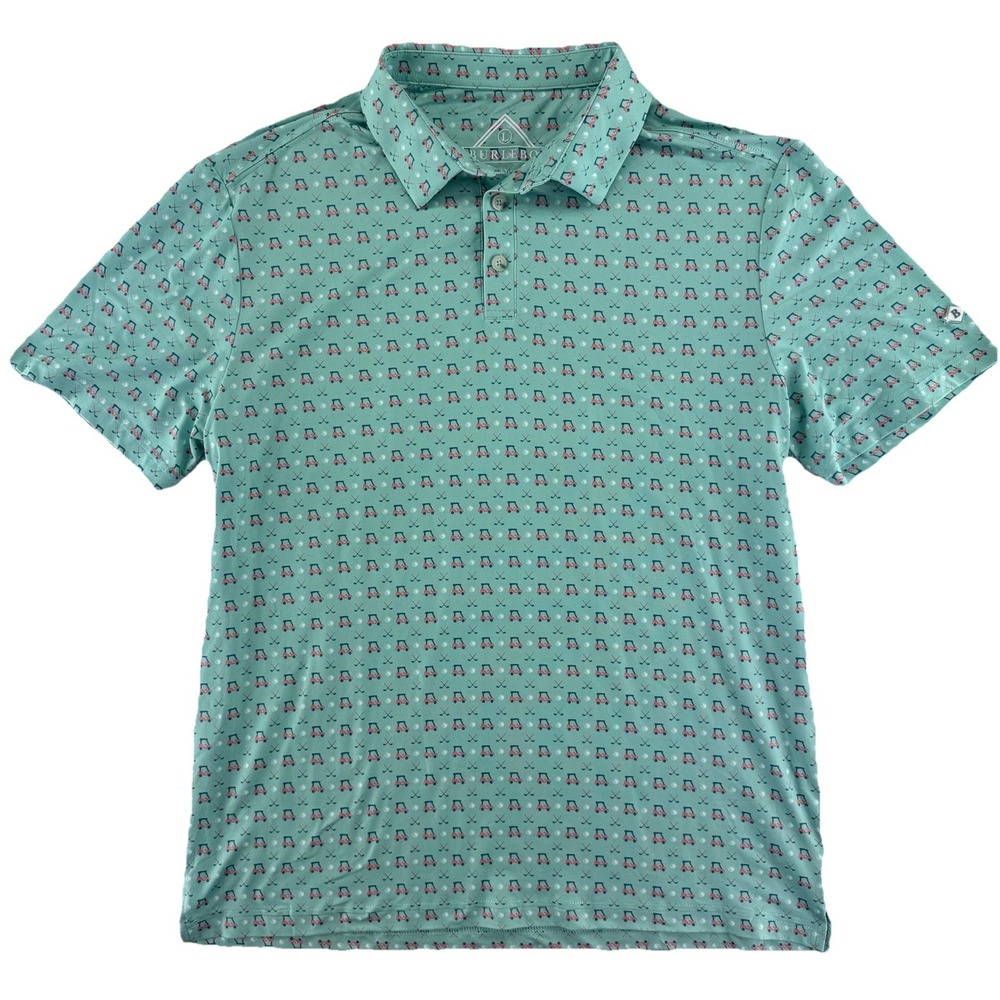 Burlebo Golf Polo‎ Shirt Mens Large Golf Cart Print Aqua